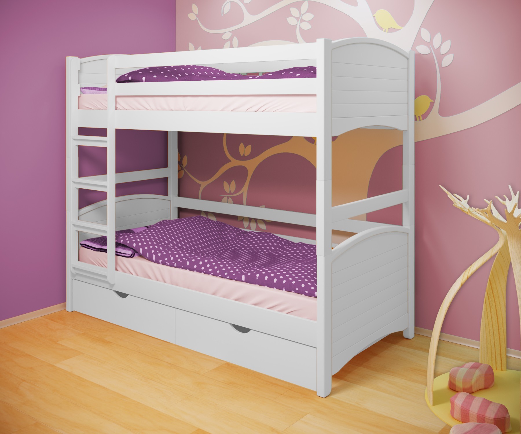 

Кровать двухъярусная RainbowDream Доминика 80х190 см белый массив ольхи, с ящиками