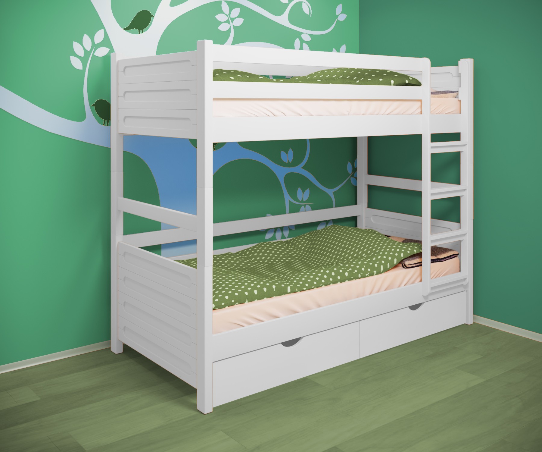 

Кровать двухъярусная RainbowDream Йокка 80х190 см белый массив ольхи, с ящиками