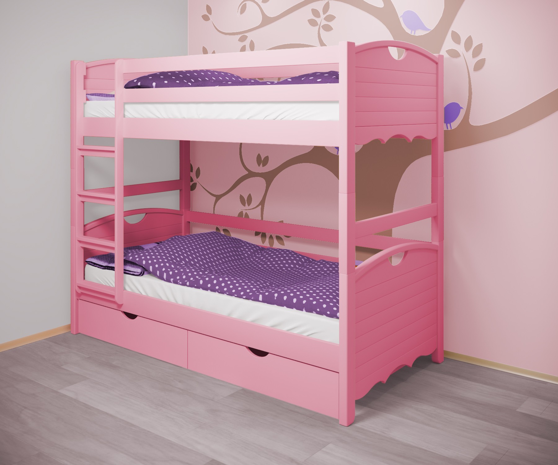 

Кровать двухъярусная RainbowDream Дженни 80х190 см розовый массив ольхи, с ящиками