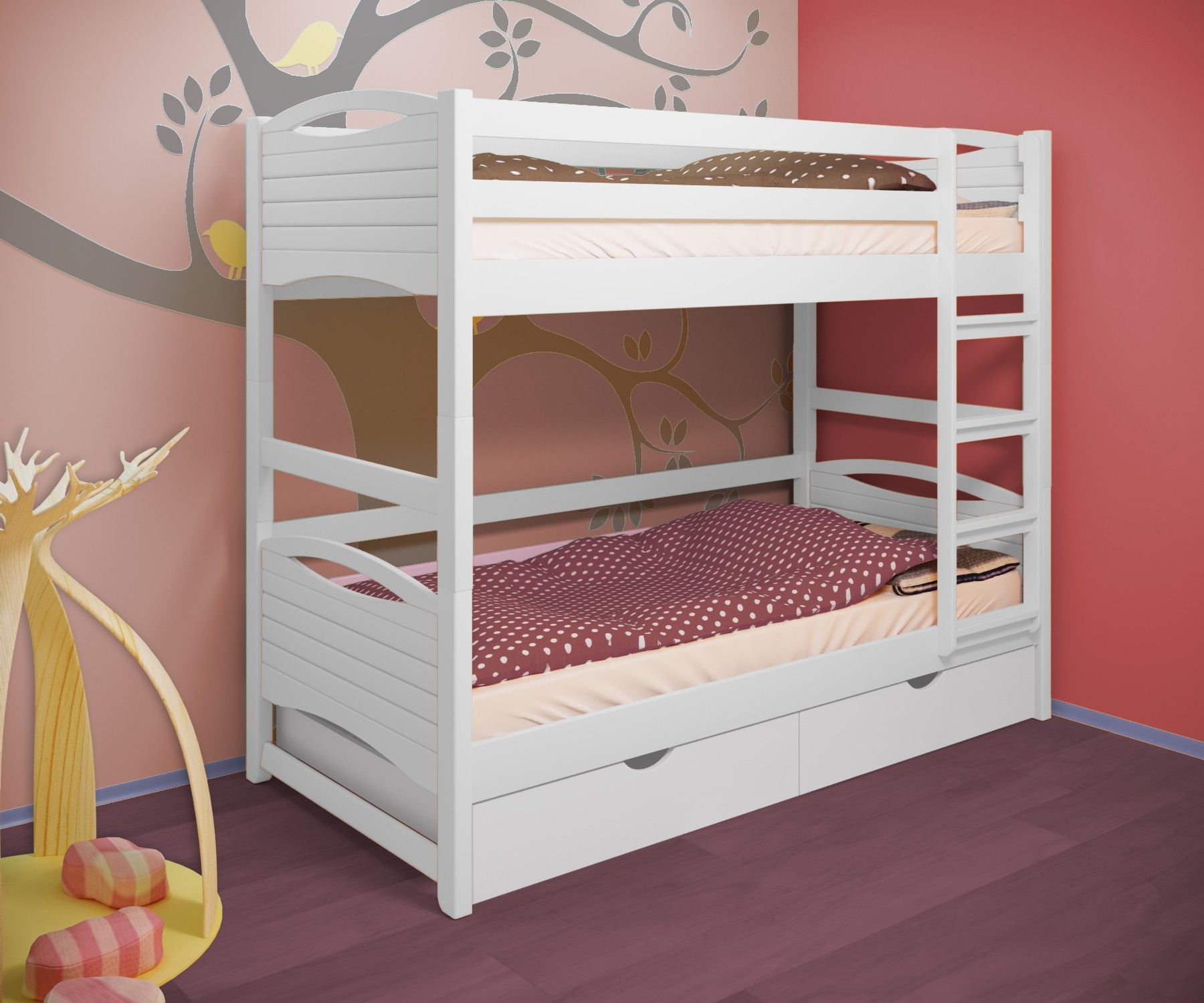 

Кровать двухъярусная RainbowDream Анимона 80х190 см белый массив ольхи, с ящиками