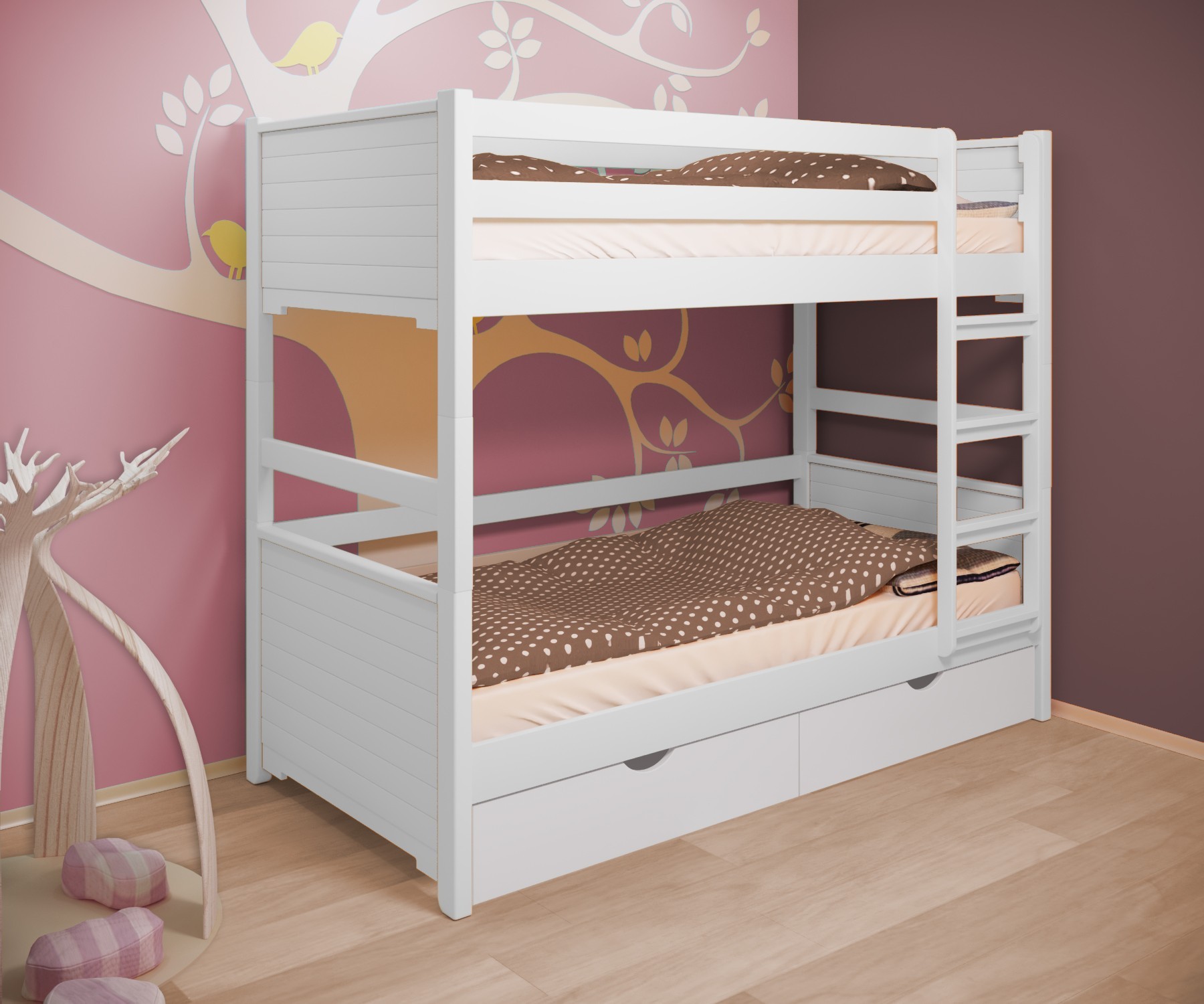 

Кровать двухъярусная RainbowDream Фиронни 80х190 см белый массив ольхи, с ящиками