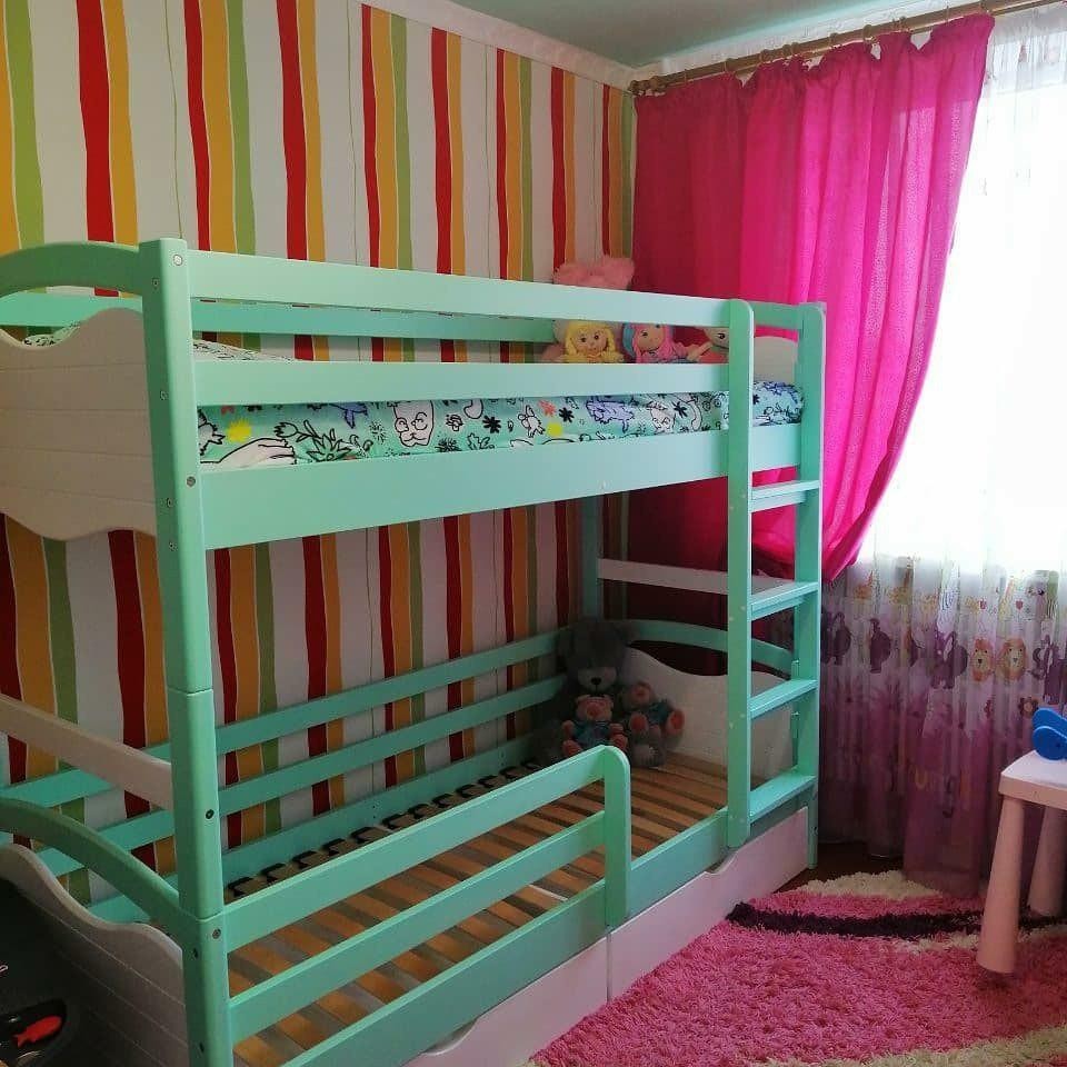 

Кровать двухъярусная RainbowDream Фабертино 90х200 см бело-мятный массив ольхи, с ящиками и бортом