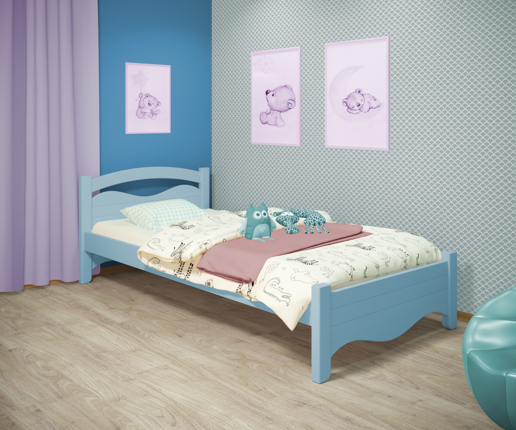 

Кровать односпальная RainbowDream Фабертино 80х200 см голубой массив ольхи, без ящиков