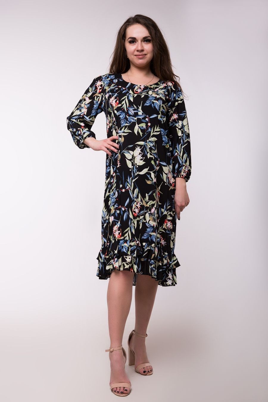

Летнее платье с рюшей Jesstore С8200-9 3XL Черное с принтом