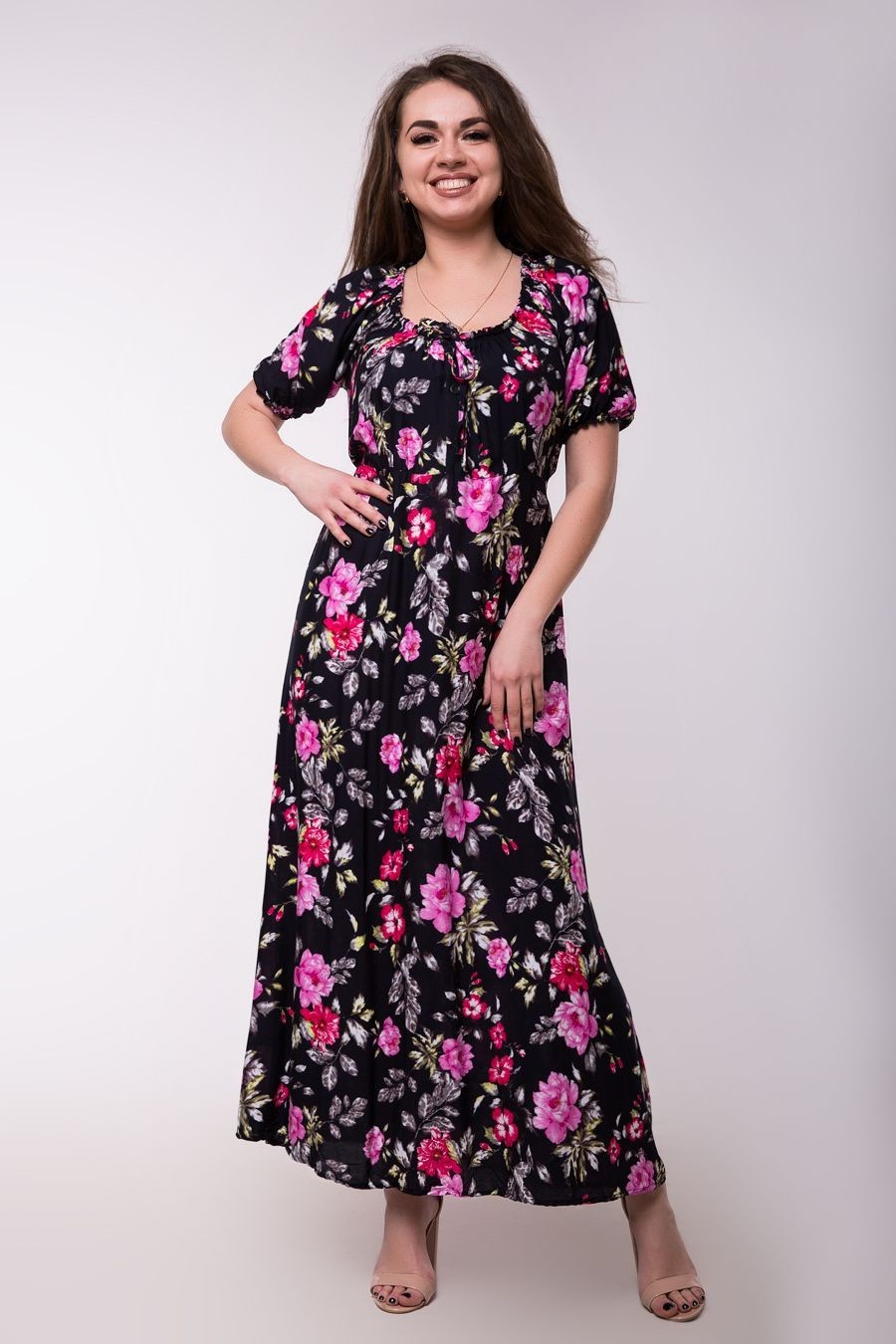 

Платье длинное Jesstore 5700D-44 XL Темно-синее с цветочным принтом