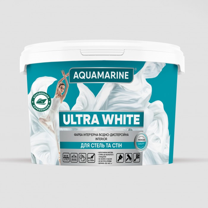 

Краска интерьерная для потолков и стен ultra white "Aquamarine" Корабельная 14 кг
