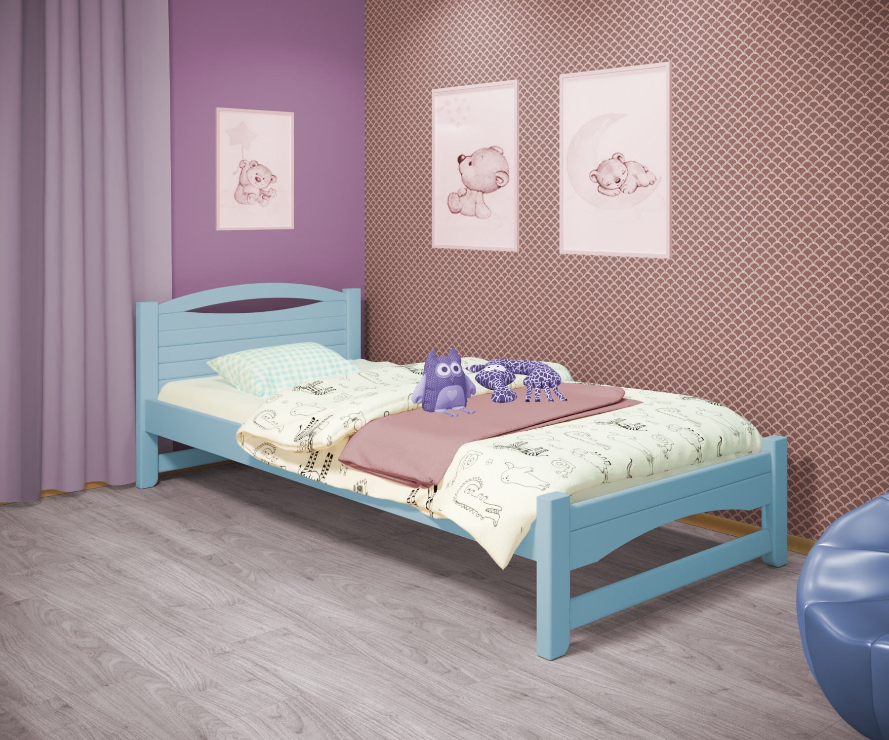 

Кровать односпальная RainbowDream Анимона 80х200 см голубой массив ольхи, без ящиков