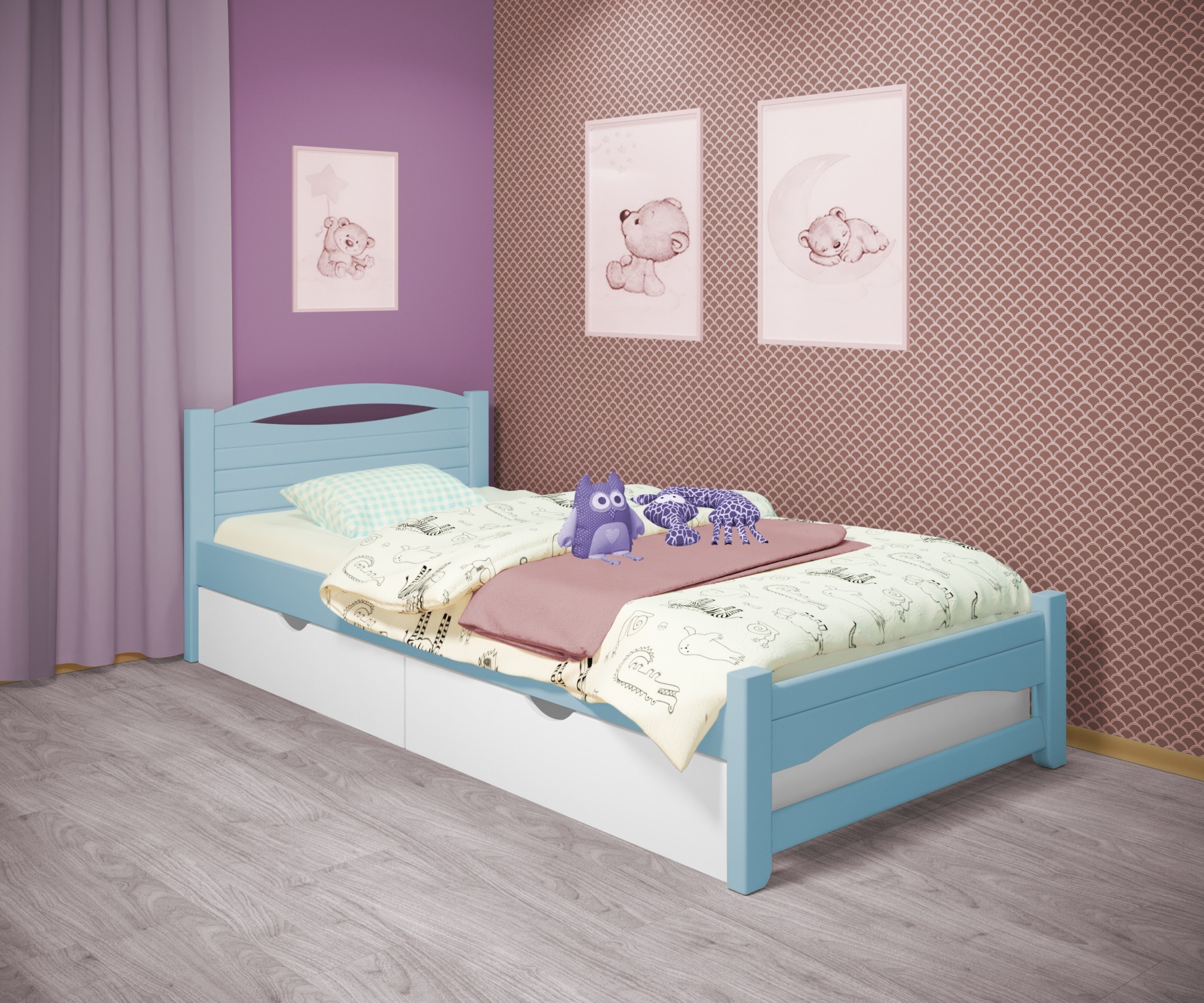 

Кровать односпальная RainbowDream Анимона 80х200 см голубой массив ольхи, с ящиками