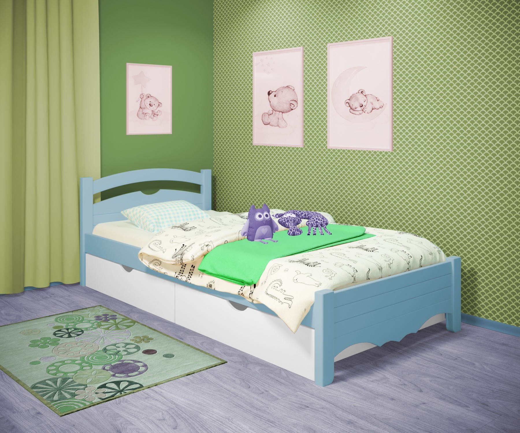 

Кровать односпальная RainbowDream Фирина 80х180 см голубой массив ольхи, с ящиками