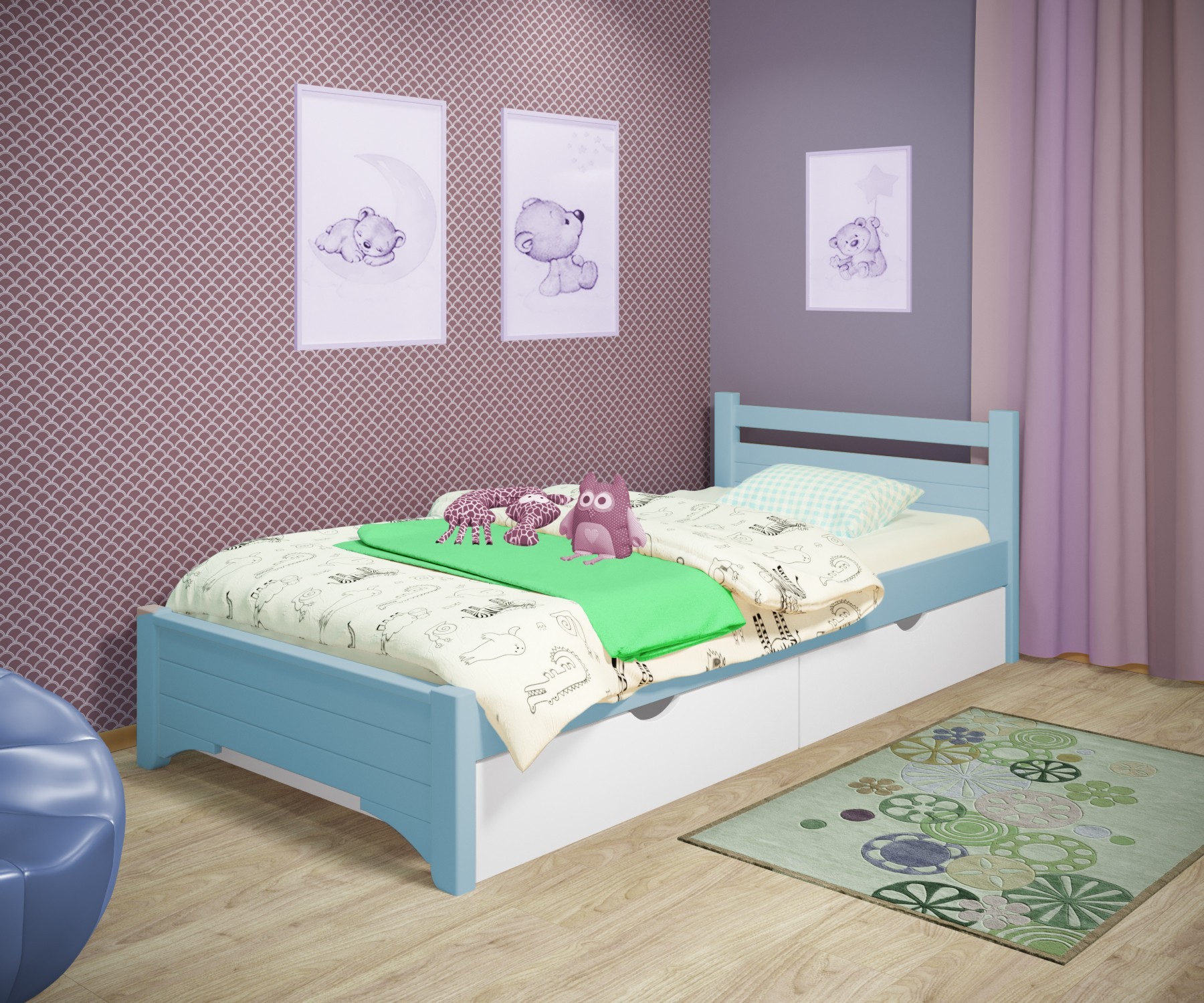

Кровать односпальная RainbowDream Дюпон 90х190 см голубой массив ольхи, с ящиками