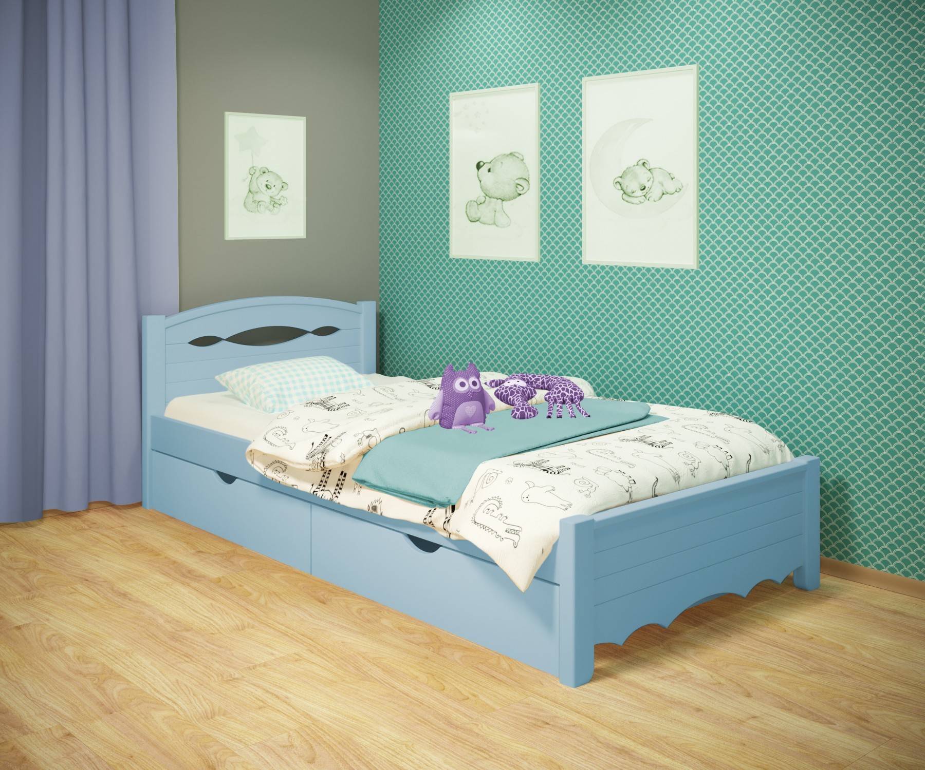 

Кровать односпальная RainbowDream Новус 70х140 см голубой массив ольхи, с ящиками