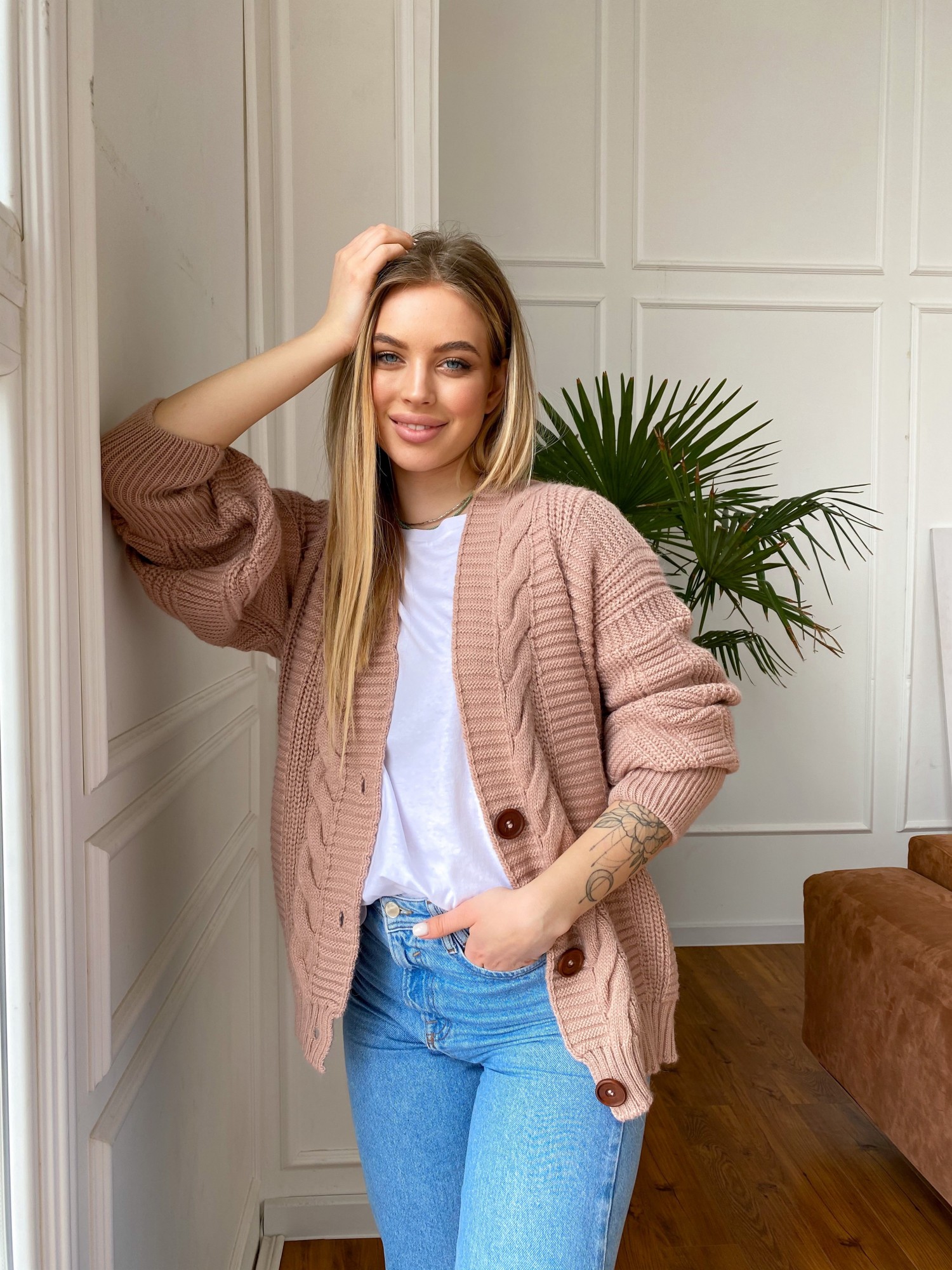 

Кардиган вязаный Verevka Braid Long  пудра, Кардиган вязаный Verevka Braid Long One size пудра