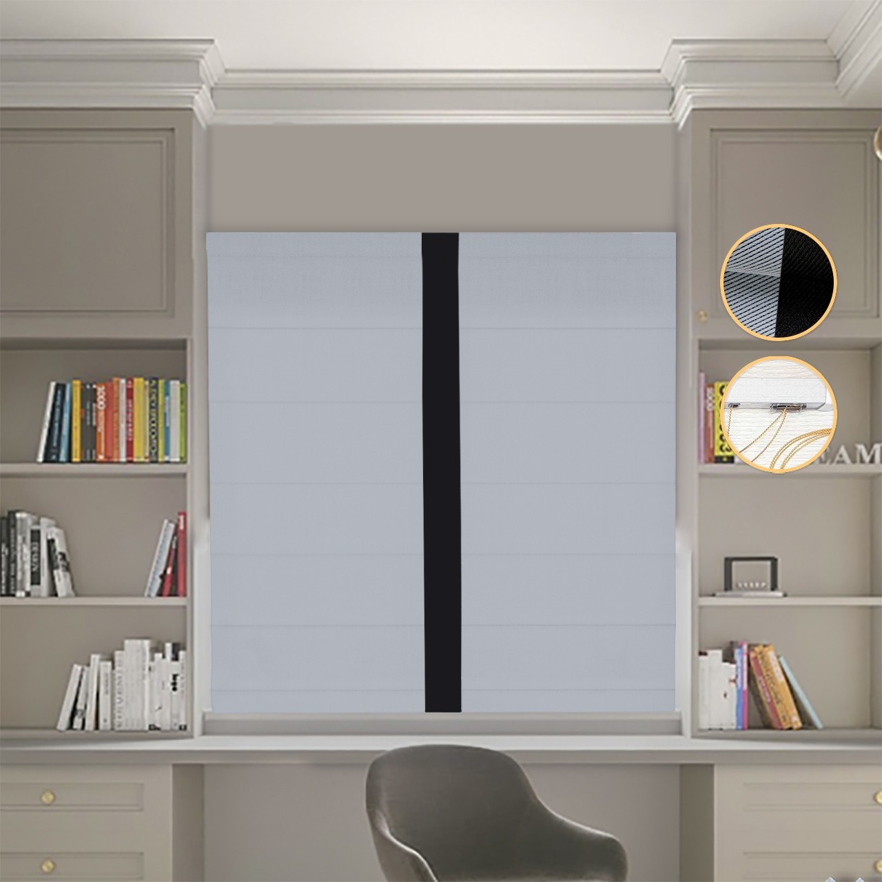 

Римские шторы DECOLIV Блэкаут Перфект светло-серый с черным кантом по центру 170*170 см