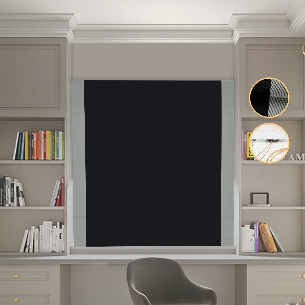 

Римские шторы DECOLIV Блэкаут Перфект черный с оливковыми кантами по бокам 260*170 см