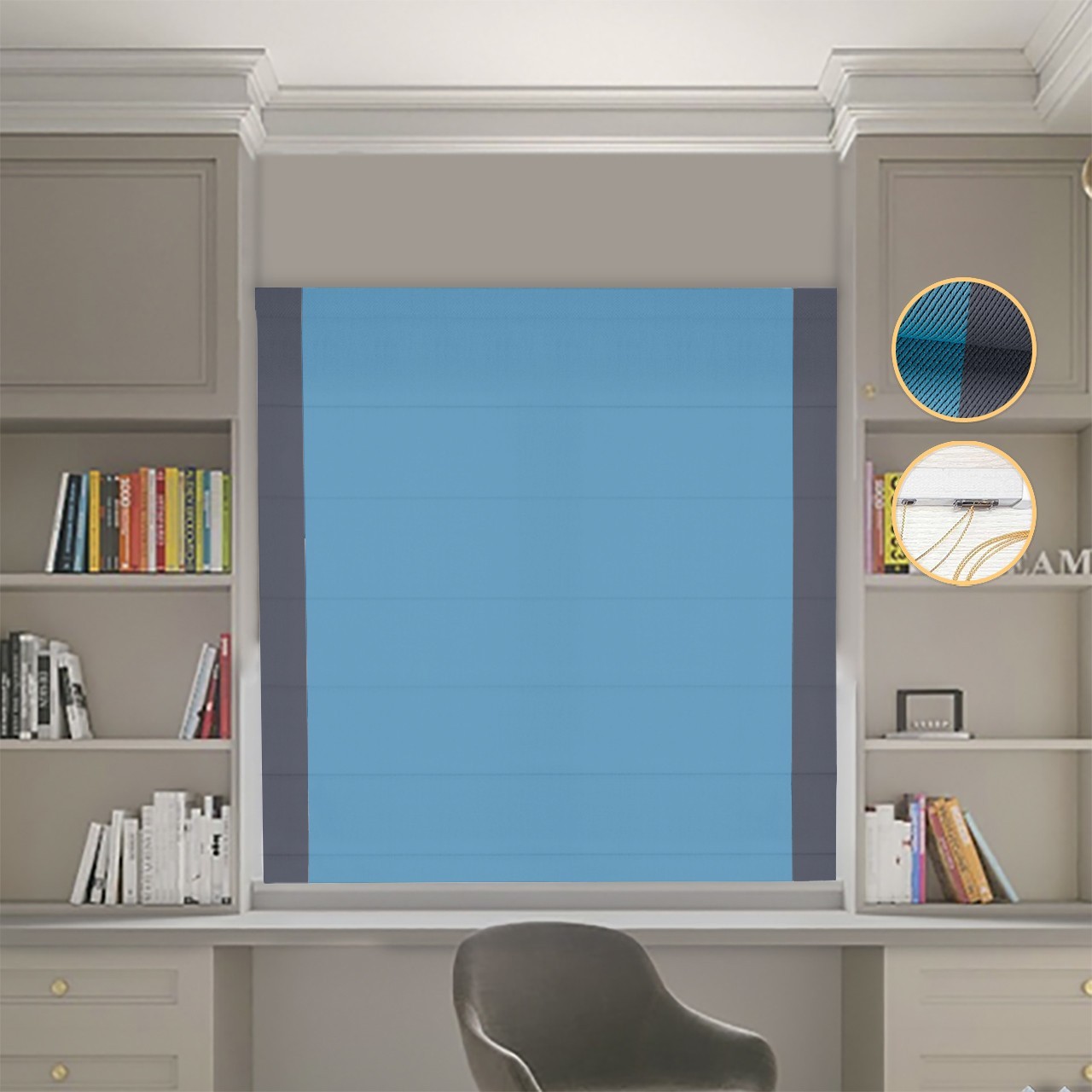 

Римские шторы DECOLIV Блэкаут Перфект голубой с графитовыми кантами по бокам 40*170 см