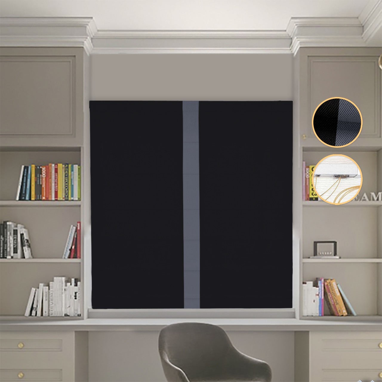 

Римские шторы DECOLIV Блэкаут Перфект черный с графитовым кантом по центру 70*170 см