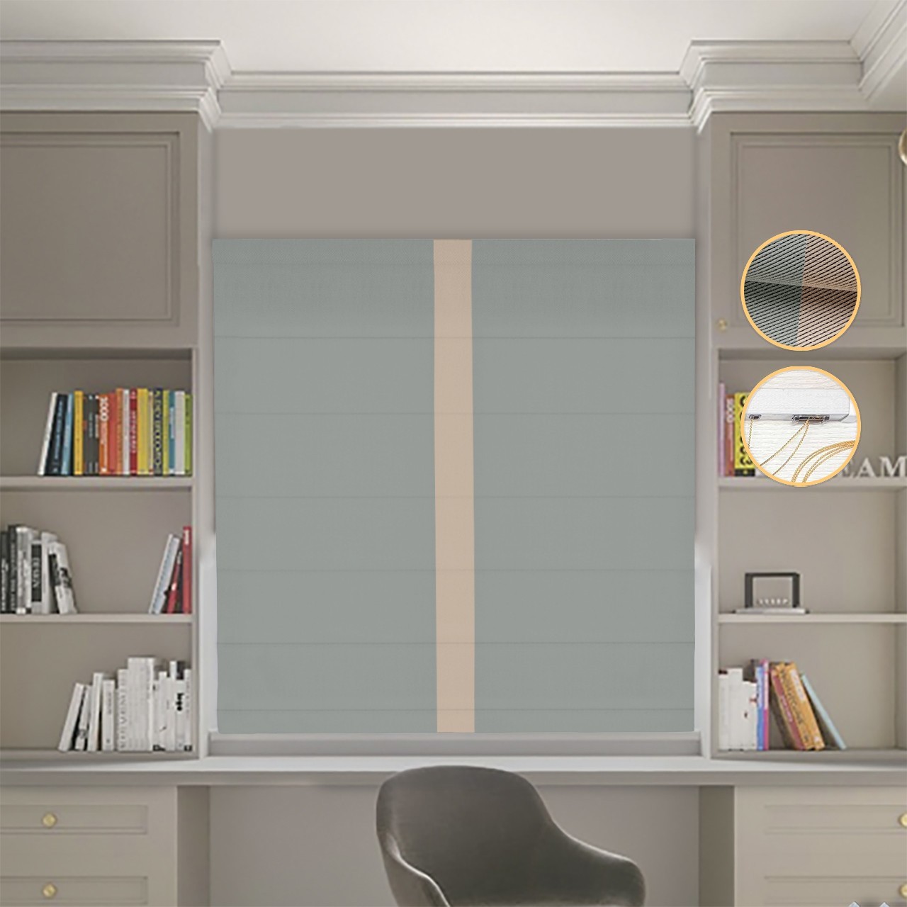 

Римские шторы DECOLIV Блэкаут Перфект оливковый с бежевым кантом по центру 130*170 см