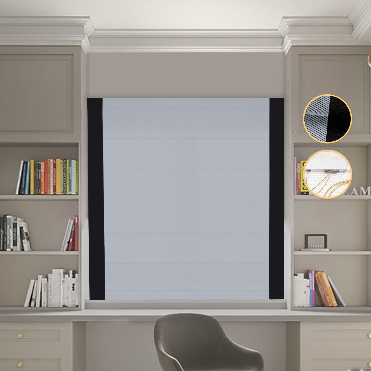 

Римские шторы DECOLIV Блэкаут Перфект светло-серый с черными кантами по бокам 210*170 см