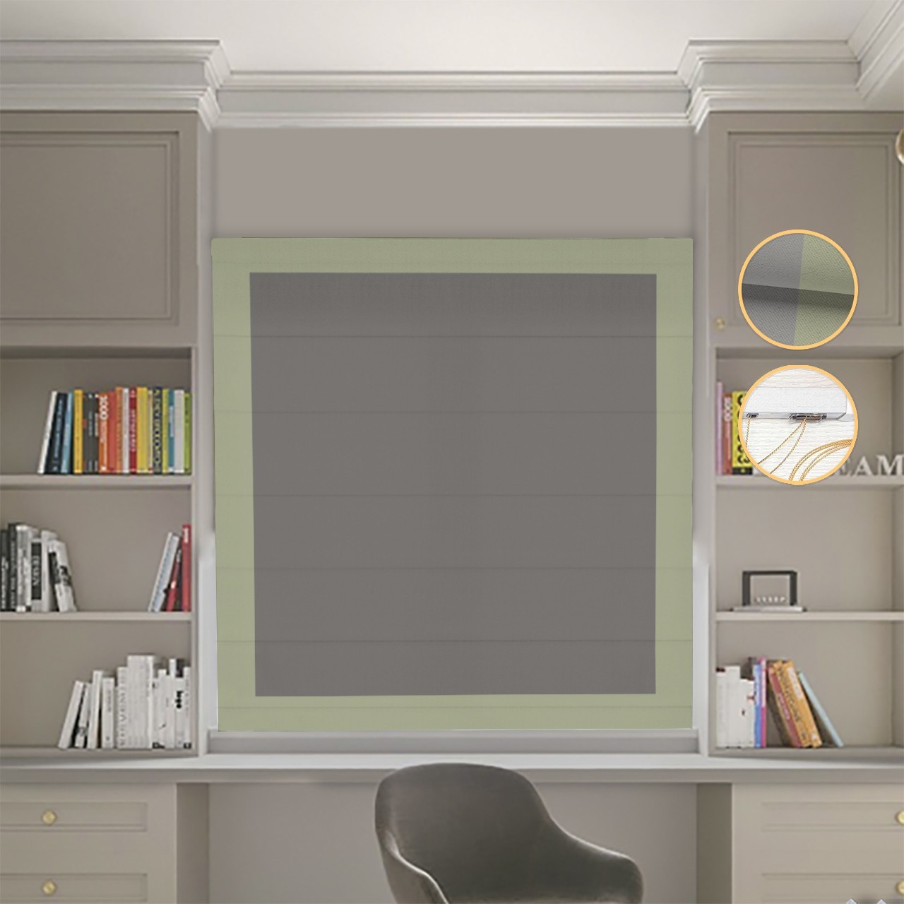 

Римские шторы DECOLIV Блэкаут Нова графитовый с оливковыми кантами 150*170 см