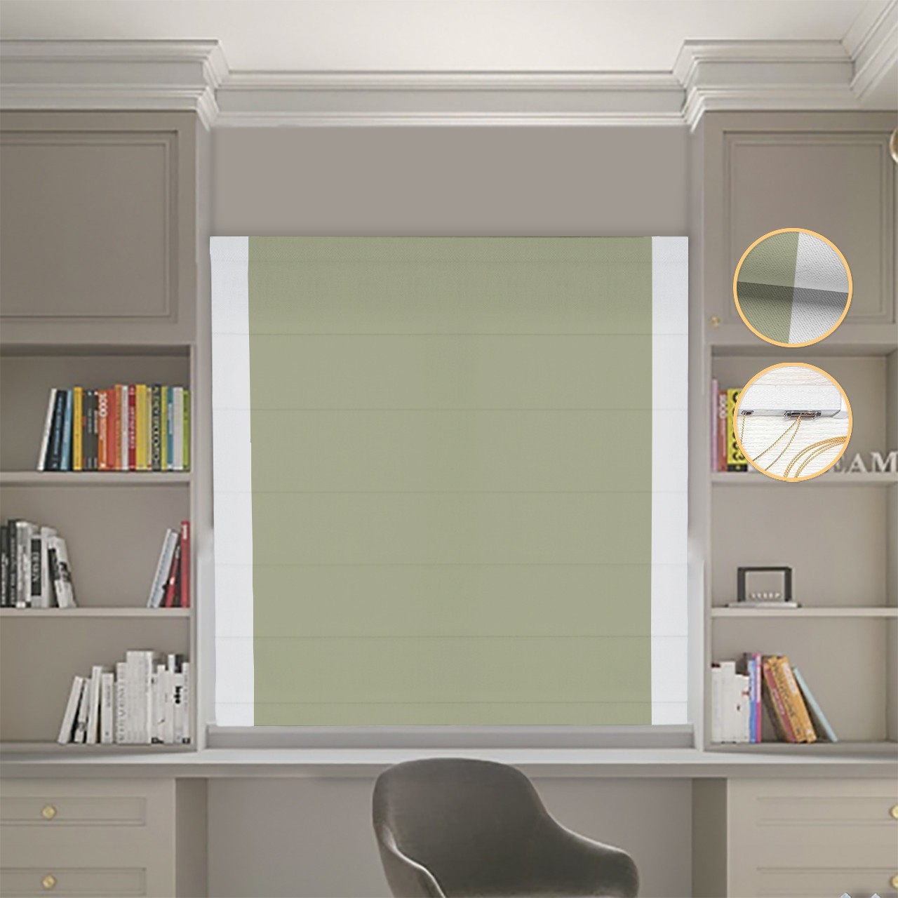 

Римские шторы DECOLIV Блэкаут Нова оливковый с светло-серыми кантами по бокам 280*170