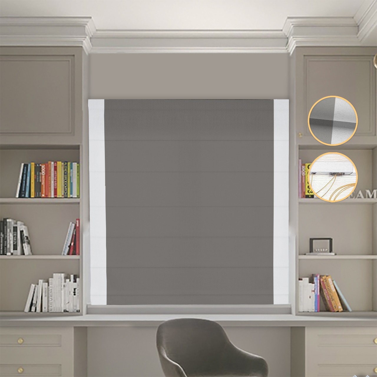 

Римские шторы DECOLIV Блэкаут Нова графитовый с светло-серыми кантами по бокам 180*170