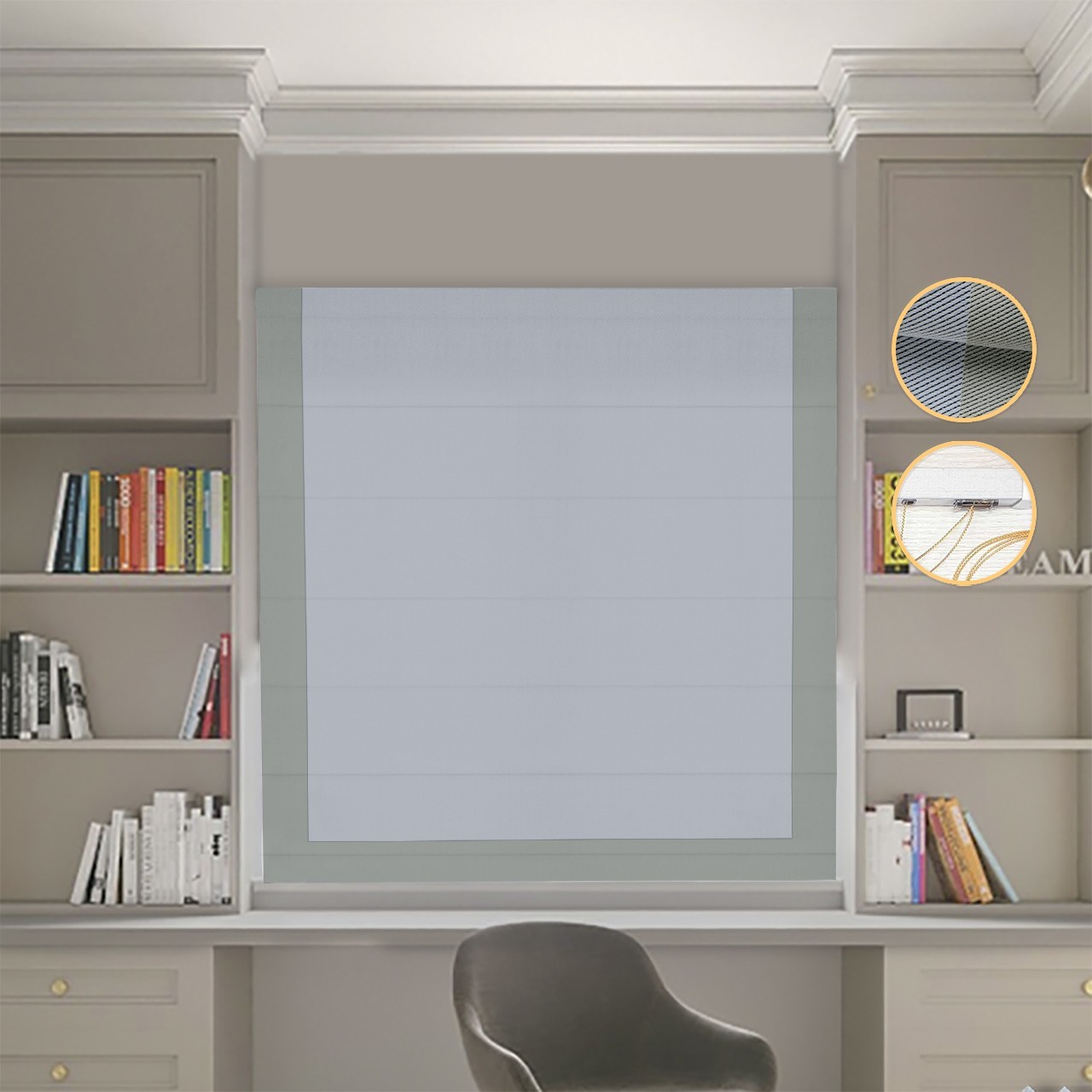 

Римские шторы DECOLIV Блэкаут Перфект светло-серый с оливковым кантом 280*170 см