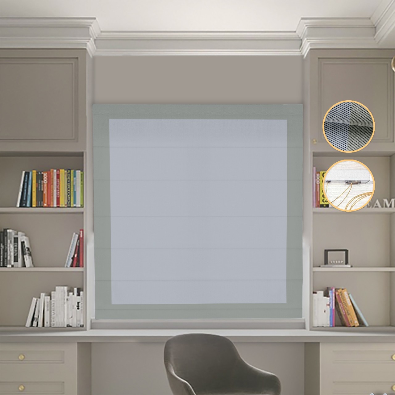 

Римские шторы DECOLIV Блэкаут Перфект светло-серый с оливковыми кантами 280*170 см