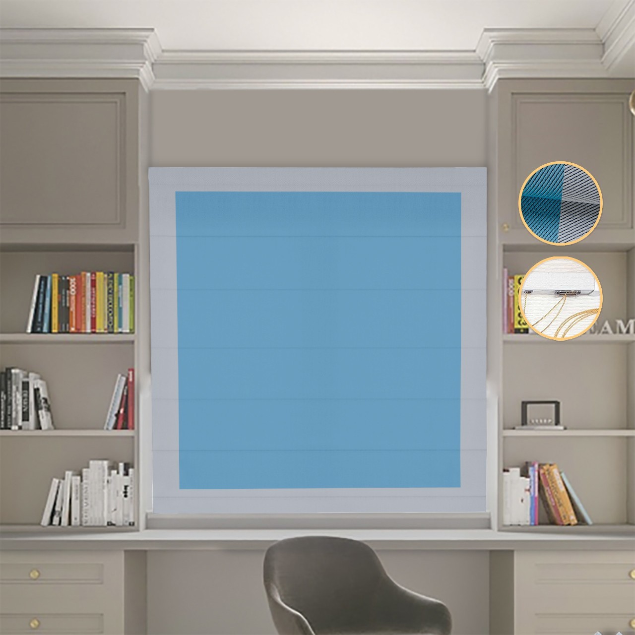 

Римские шторы DECOLIV Блэкаут Перфект голубой с светло-серыми кантами 200*170 см