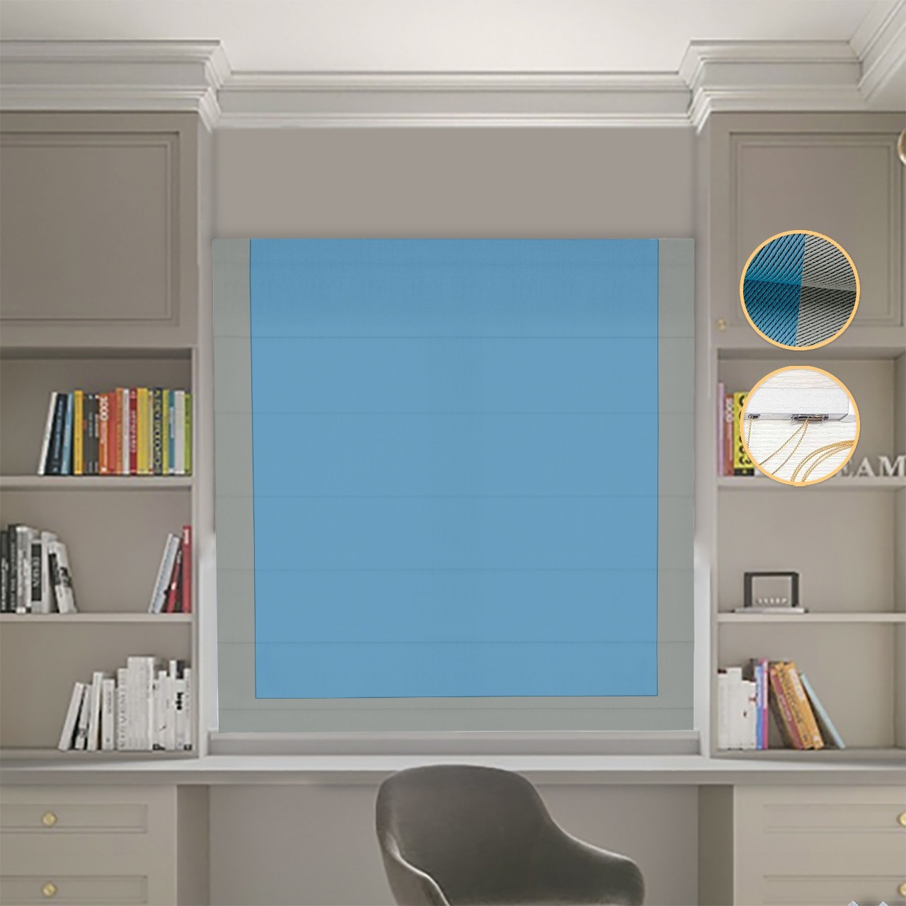 

Римские шторы DECOLIV Блэкаут Перфект голубой с оливковым кантом 300*170 см