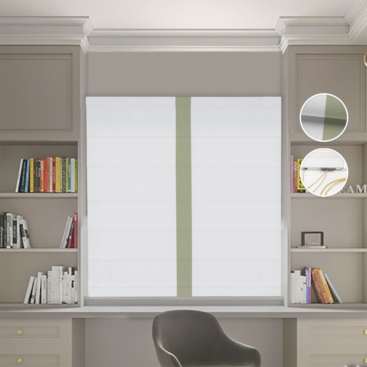 

Римские шторы DECOLIV Блэкаут Нова светло-серый с оливковым кантом по центру 80*170