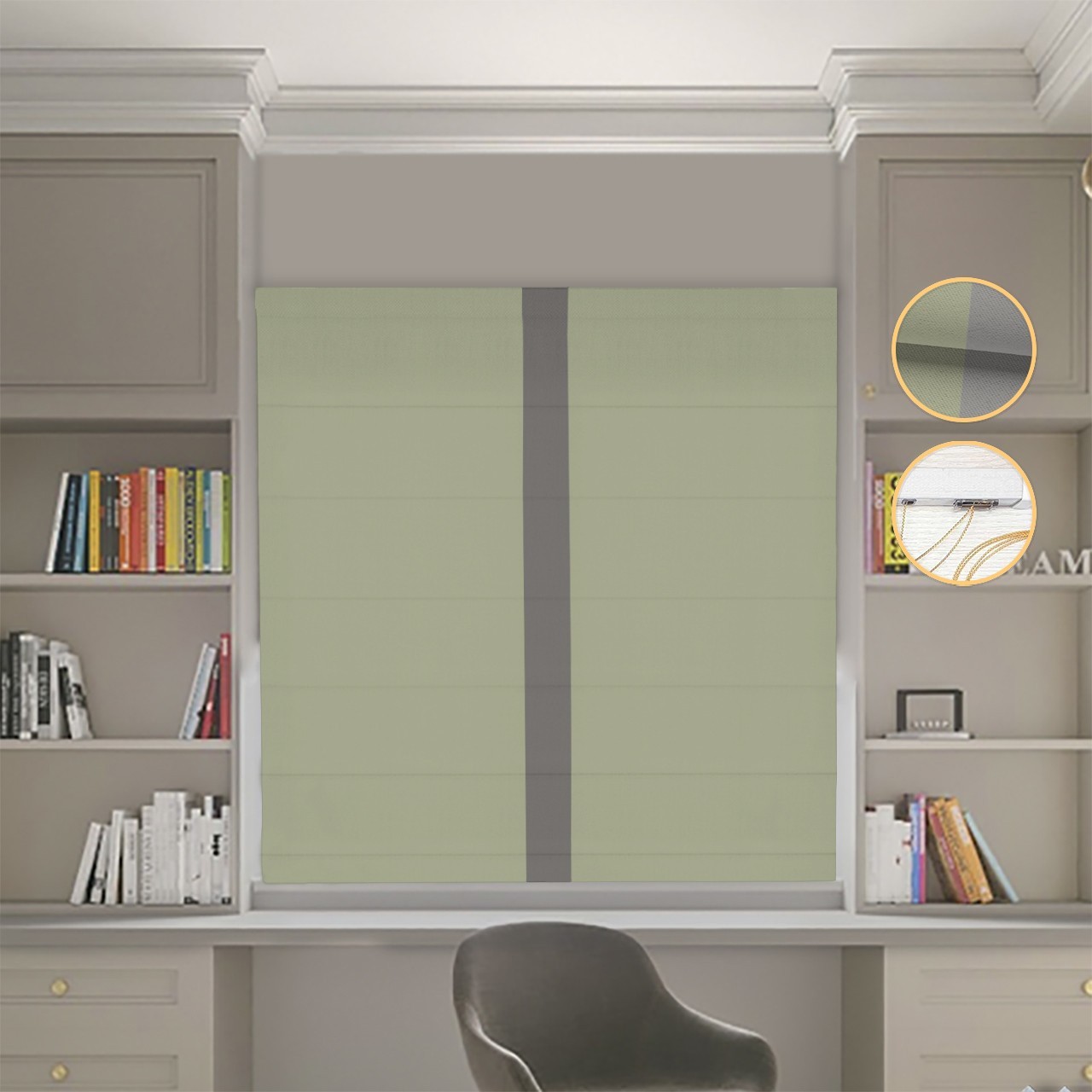 

Римские шторы DECOLIV Блэкаут Нова оливковый с графитовым кантом по центру 280*170