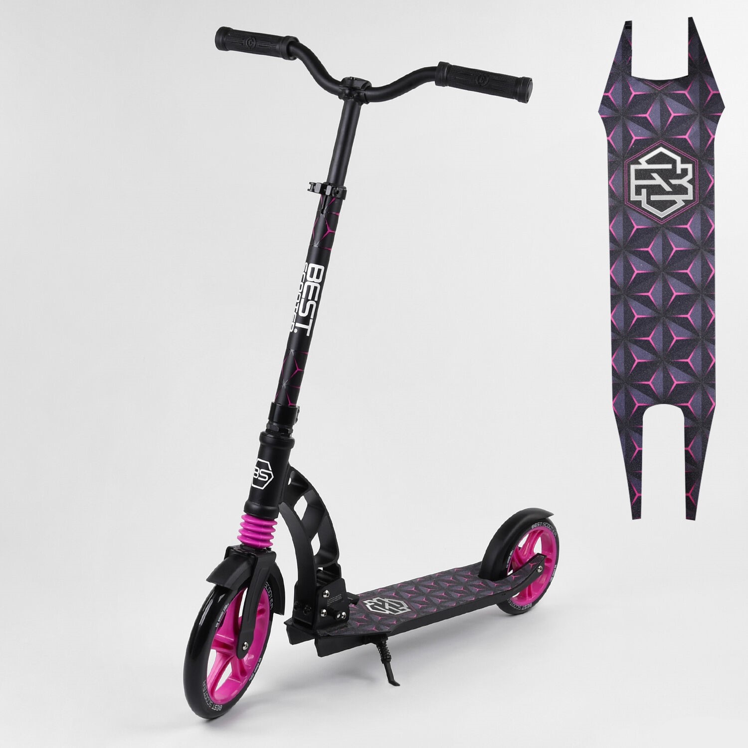 

Самокат Best Scooter 69636 черно-розовый, зажим руля, колеса PU - 23 см, заднее - 18 см, 1 амортизатор
