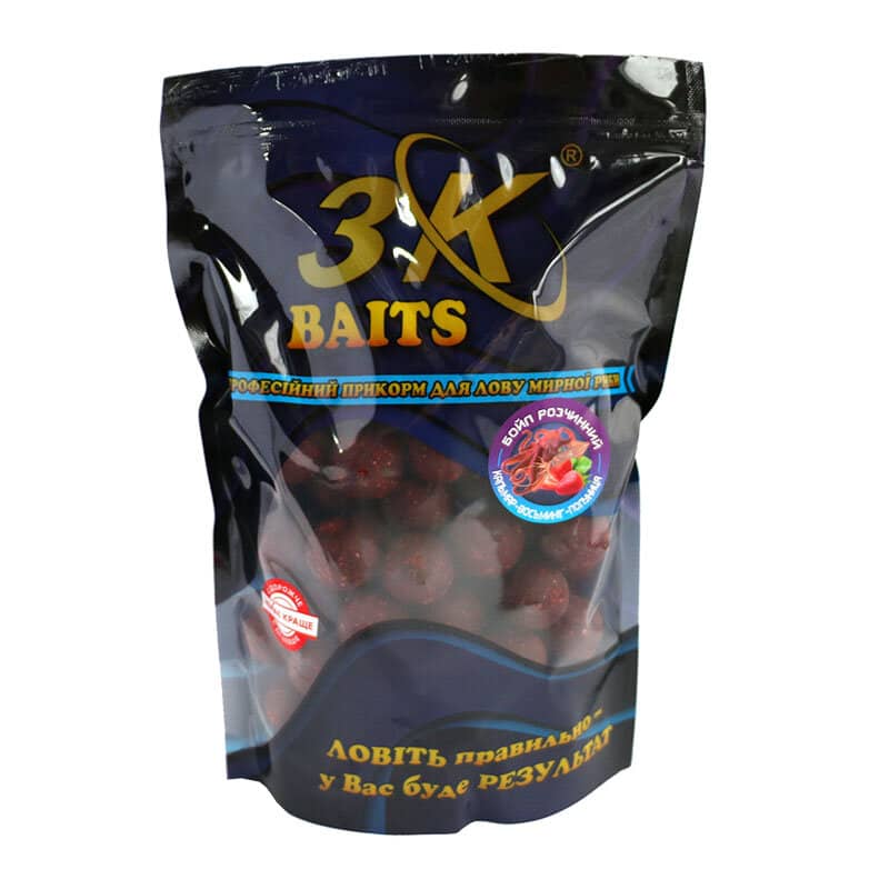 

Бойл 3KBaits растворимый пылящий Кальмар-осьминог-клубника 24мм 800г (3KB1173)