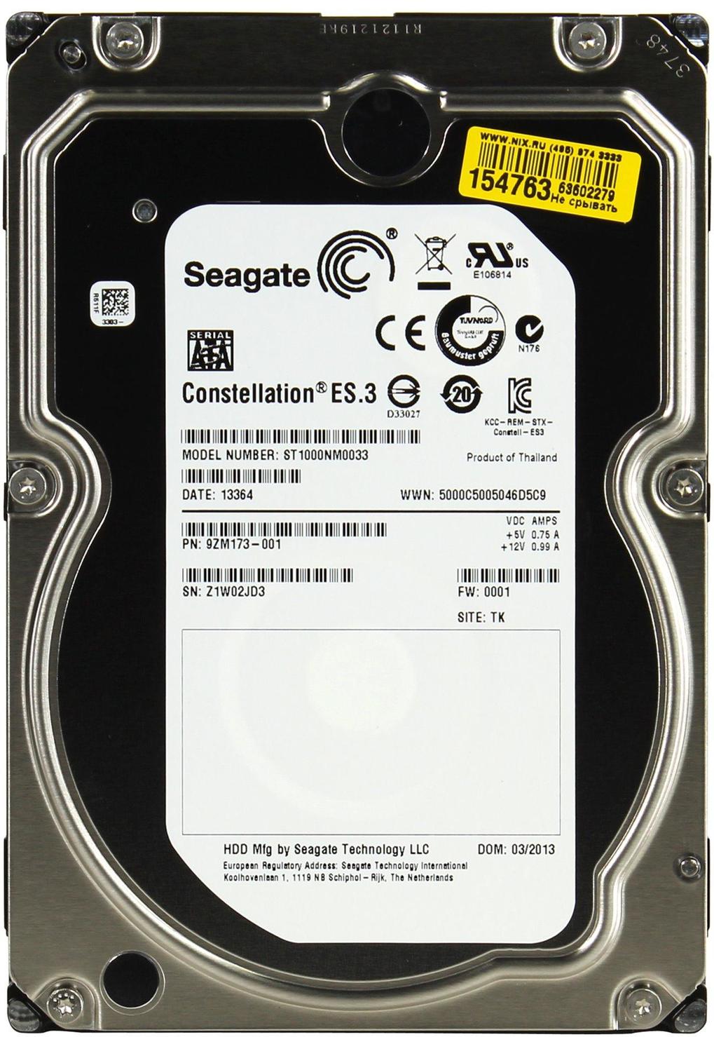 

Жесткий диск Seagate Constellation ES.3 1TB 7200об/м 128MB 3.5" SATAIII (ST1000NM0033) Refurbished