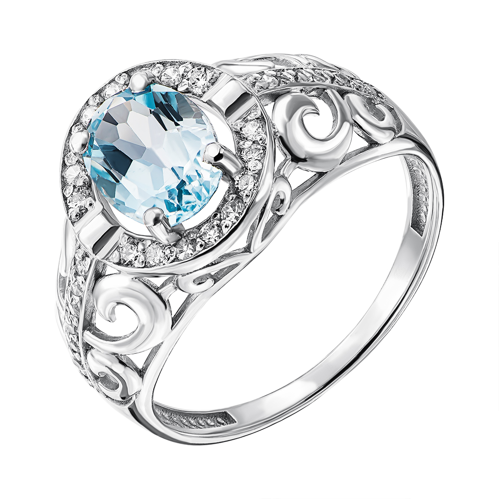 

Серебряное кольцо с голубым топазом и фианитами 000137477 16.5 размера