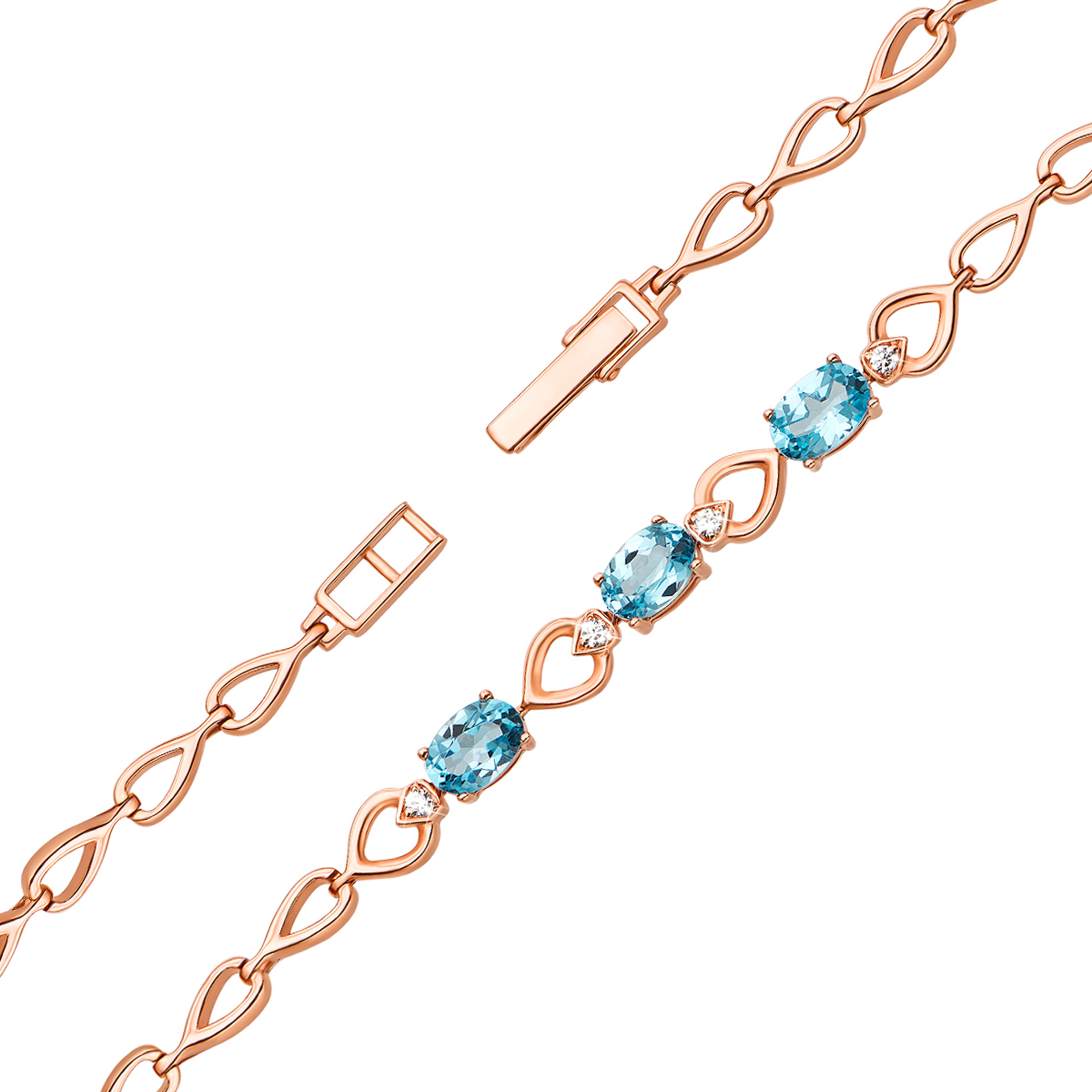 

Золотой браслет в красном цвете со звеньями-сердечками, голубыми топазами и фианитами 000125368 19 размера