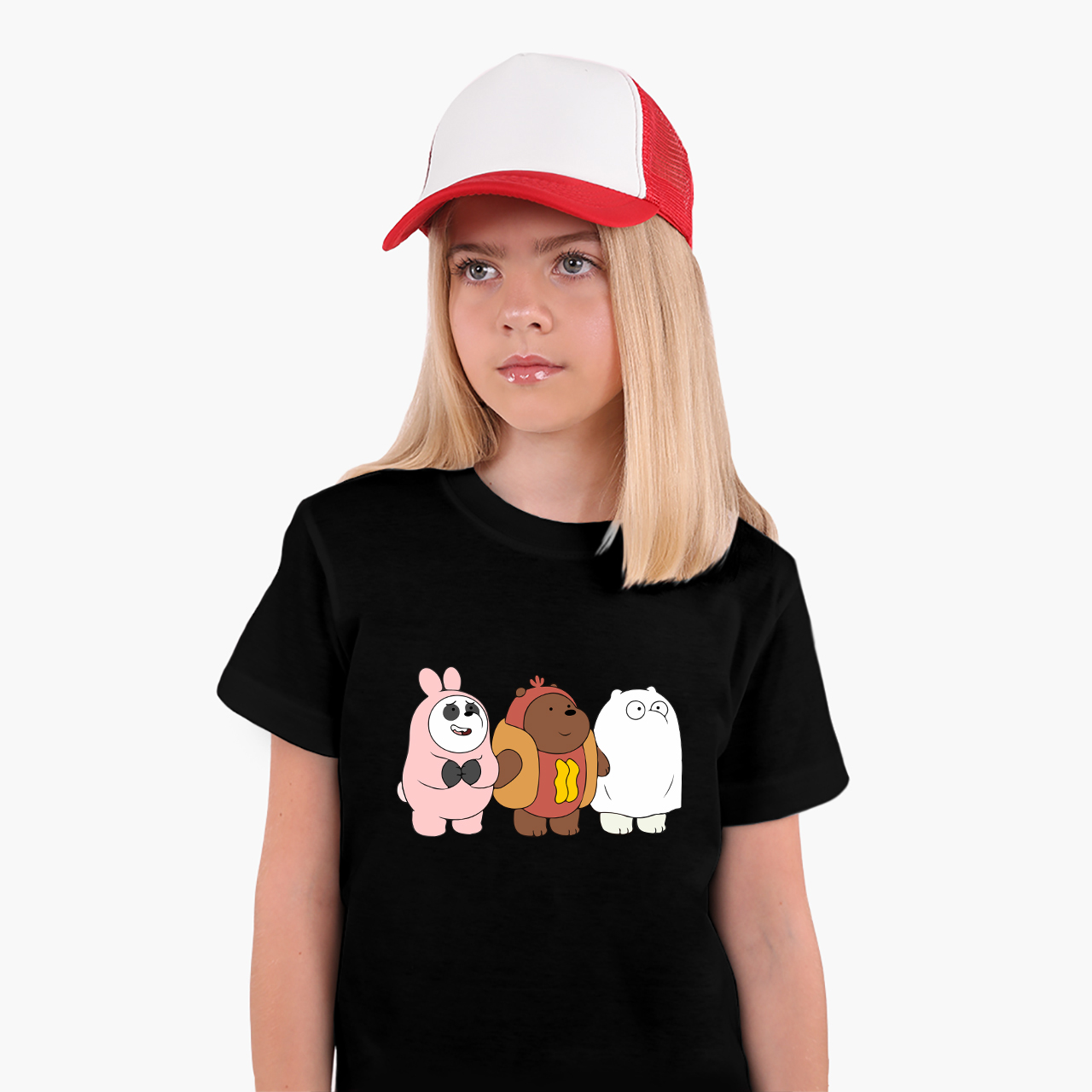 

Детская футболка для девочек Вся правда о медведях (We Bare Bears) (25186-2905-10) 134-140 см Хлопок Черный