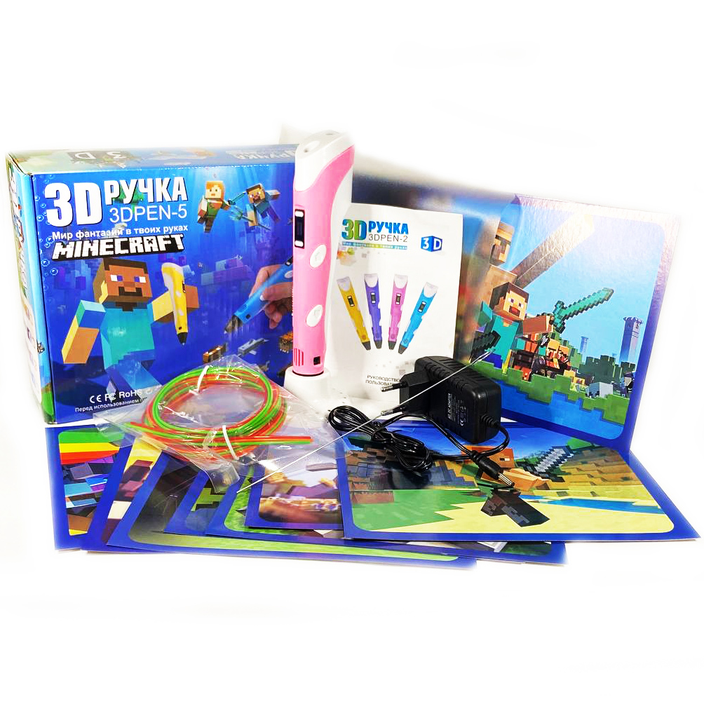 

3D ручка Майнкрафт для Детей с LCD дисплеем 3D PEN-5 GEN Minecraft с Эко Пластиком PLA (9 метров) и Трафаретами Розовая (3D M Pink)