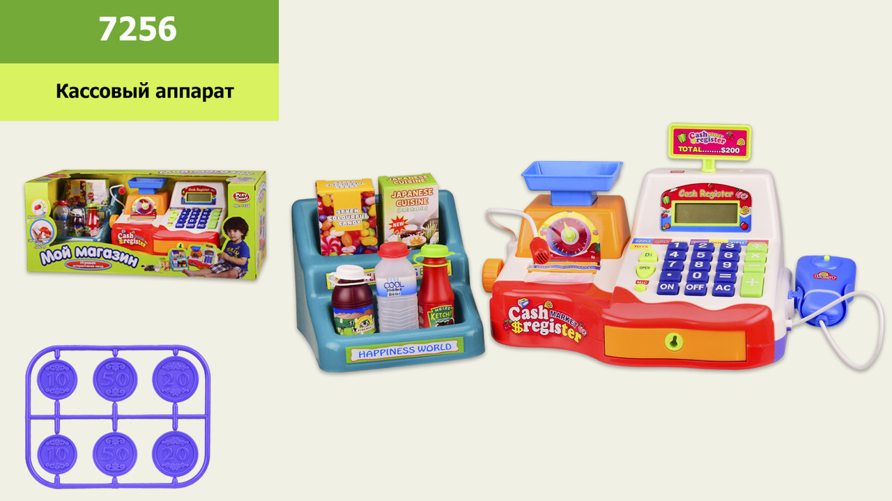 

Кассовый аппарат 7256 батар,свет,звук, с весами, пласт.продуктами, корзинкой, в кор. 47*19*