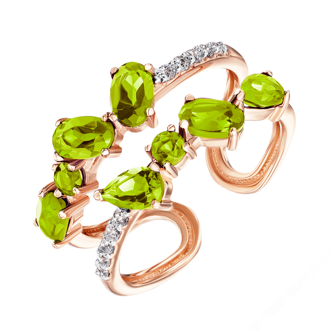 

Разомкнутое кольцо из красного золота с хризолитами и фианитами 000135599 18 размера