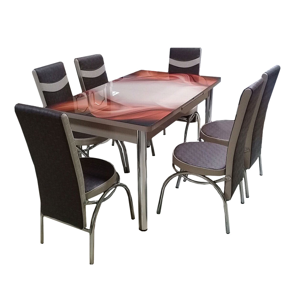 

Комплект обеденный раскладной в гостиную, кухню Марсель (стол + 6 стульев) стекло красный/МДФ коричневый, металл хром Woody, 118 коричневое пламя