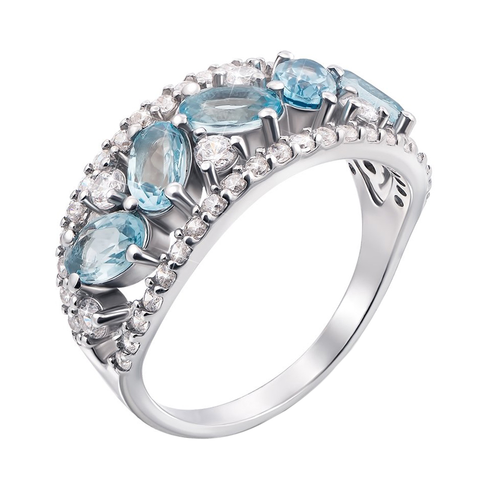 

Серебряное кольцо с голубыми топазами и белыми фианитами 000104861 17.5 размера
