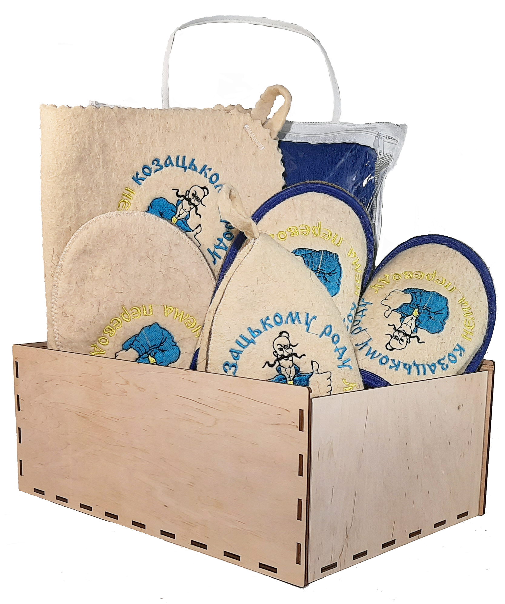 

Подарочный набор для бани и сауны Unomag Козацькому роду нема переводу вышивка парео синее шапка коврик рукавица тапочки 43-44 в фанерной коробке