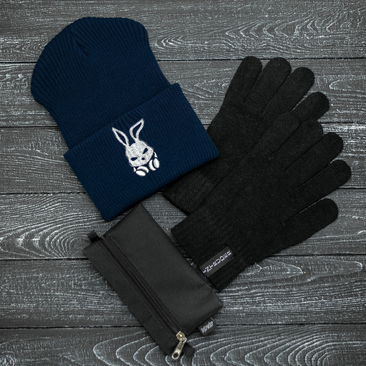 

Шапка чоловіча/жіноча Intruder bunny logo зимова синя рукавиці L-XL чорні (001SAG 1445)