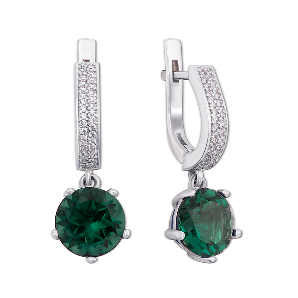 

Серебряные серьги-подвески с зеленым кварцем и цирконием 000012654