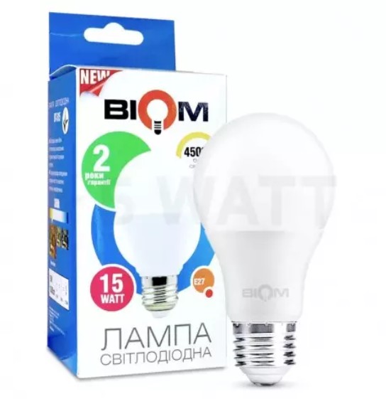 

Лампа светодиодная Biom A60 15Вт Е27 4500К упак 10 шт.