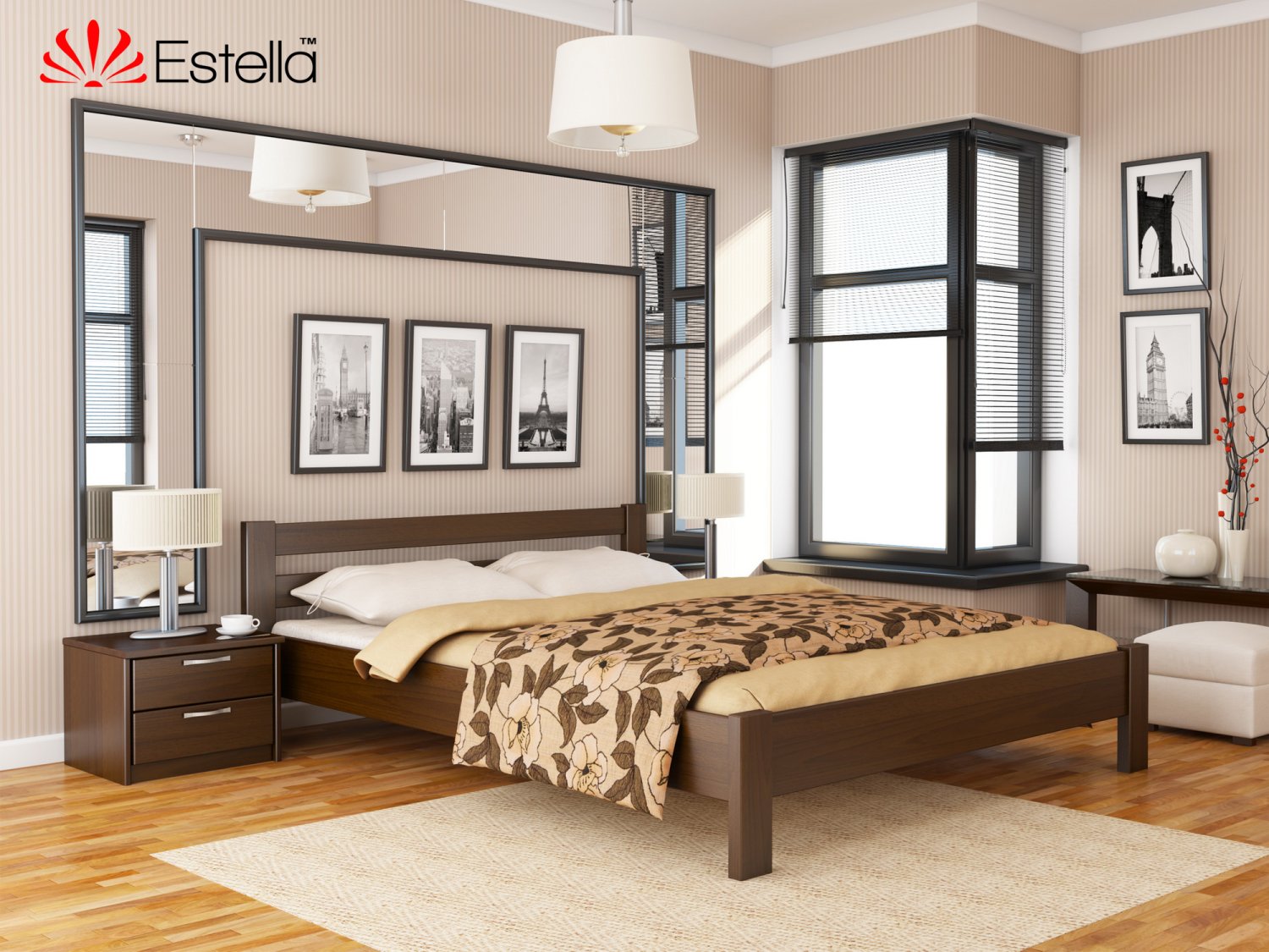 

Кровать двуспальная Рената Estella 140х190 101 - темный орех Масив 2Л4