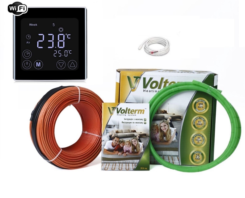 

Двухжильный нагревательный кабель Volterm 6,0м²-7,5м²/1050Вт (60м) в комплекте с программируемым WI-FI Black терморегулятором и датчиком температуры