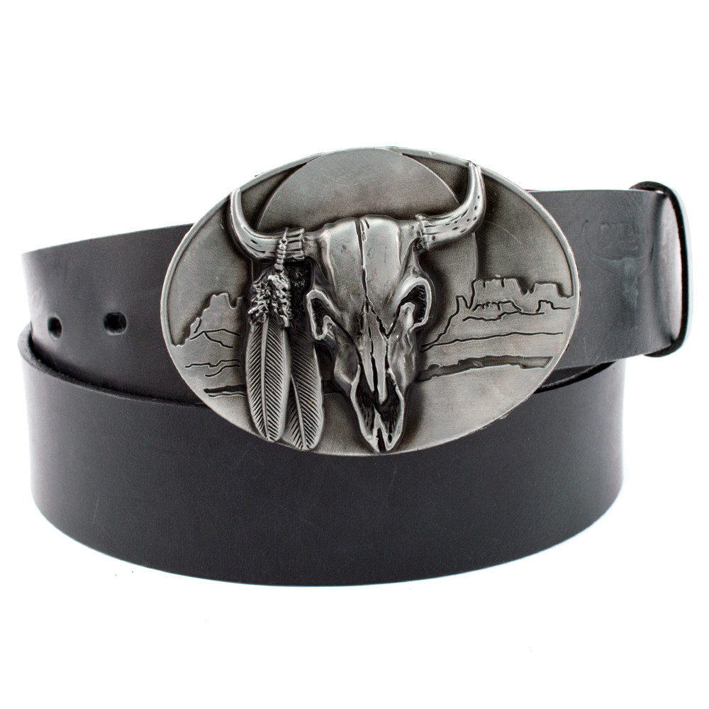 

Ремень мужской кожаный черный Buffalo Wild 8008 с быком (3,7 см)
