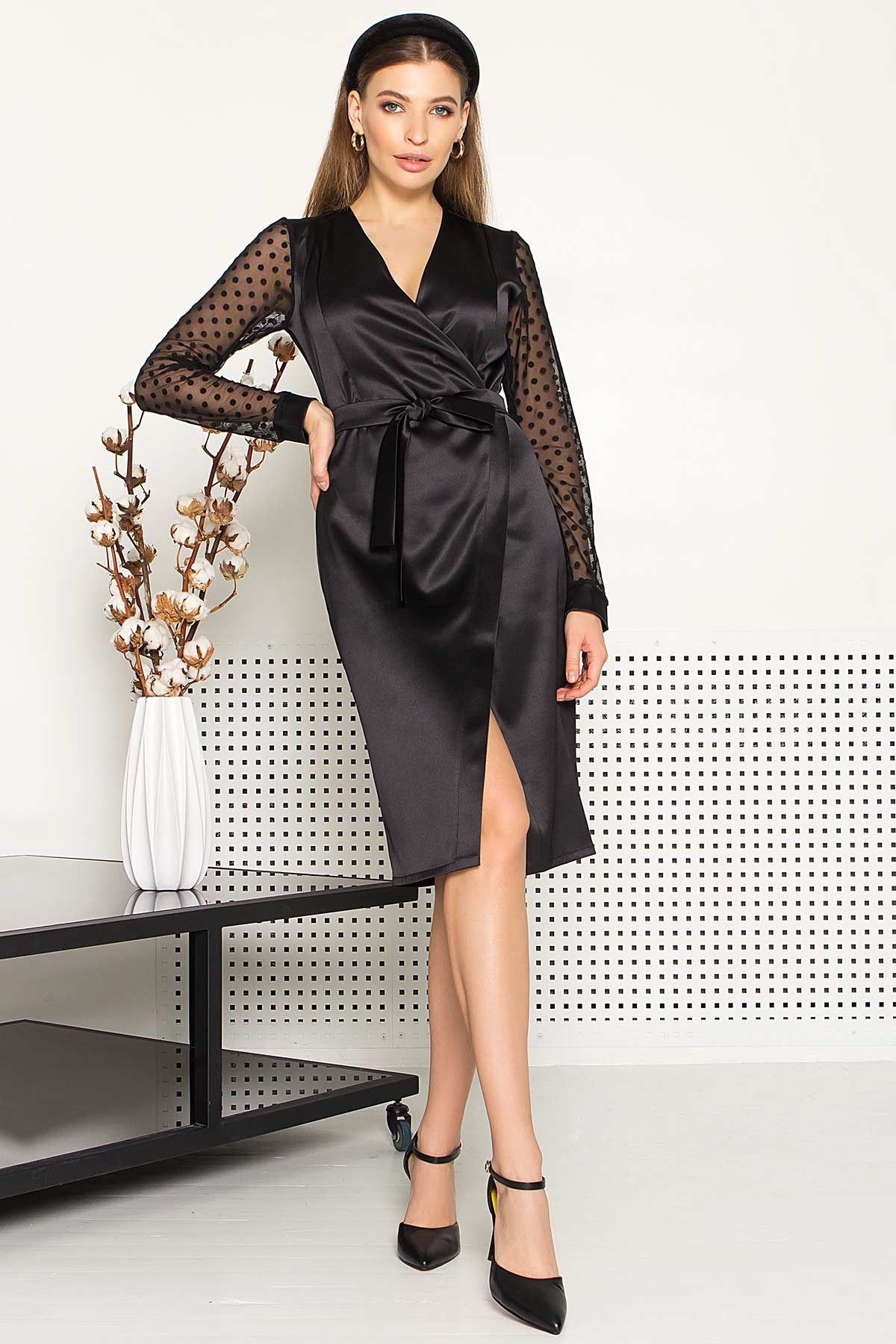 

Элегантное платье на запах c полупрозрачными рукавами Woman Fashion L черный (WF_А-288)